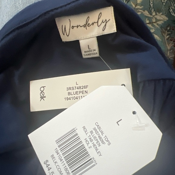 🔥🔥Wonderly Top Womens L Popover Navy Blue3/4 Sleeve Pleated V Neck Stretch NWT - Picture 4 of 5